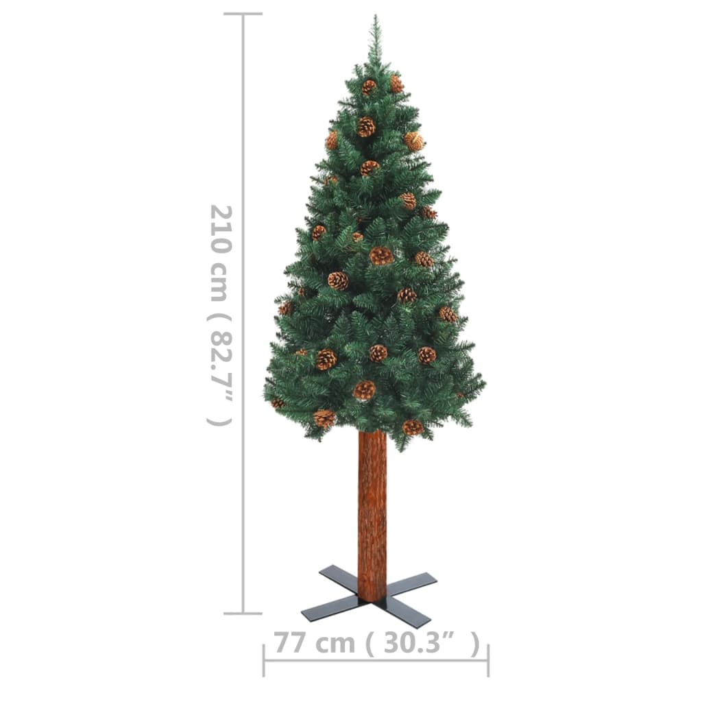 vidaXL Kapea joulukuusi aito puu ja kävyt esivalaistu vihreä 210 cm