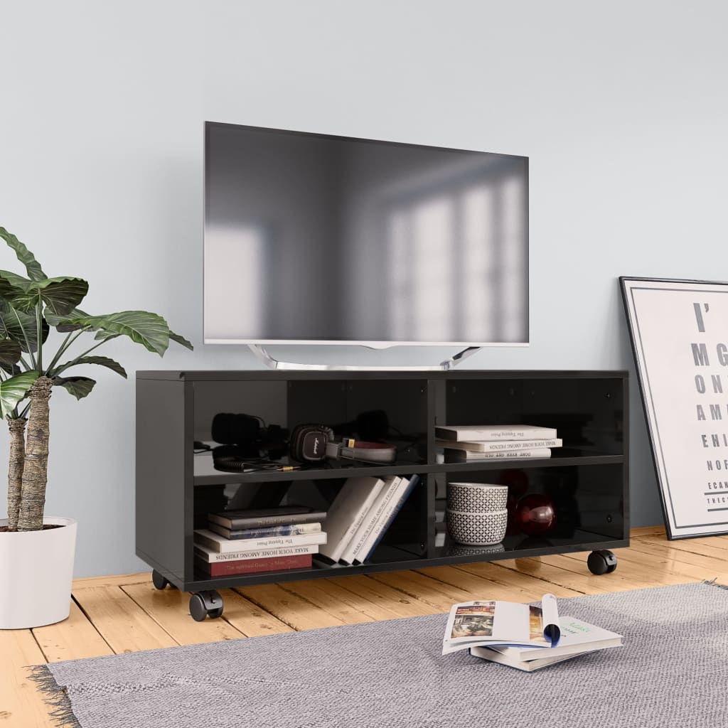 vidaXL TV-taso rullapyörillä korkeakiilto musta 90x35x35 cm lastulevy