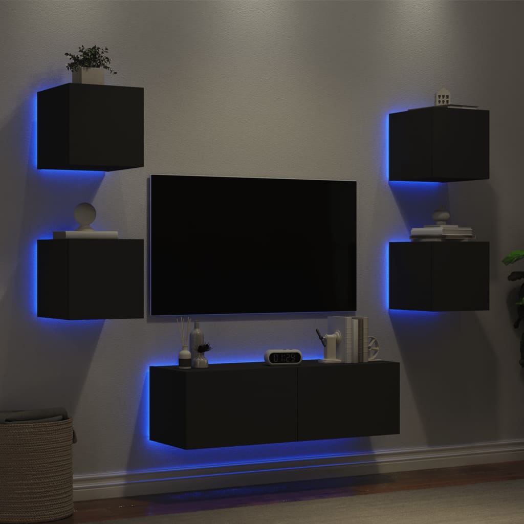 vidaXL 5-osainen TV-seinäkaappisarja LED-valoilla musta