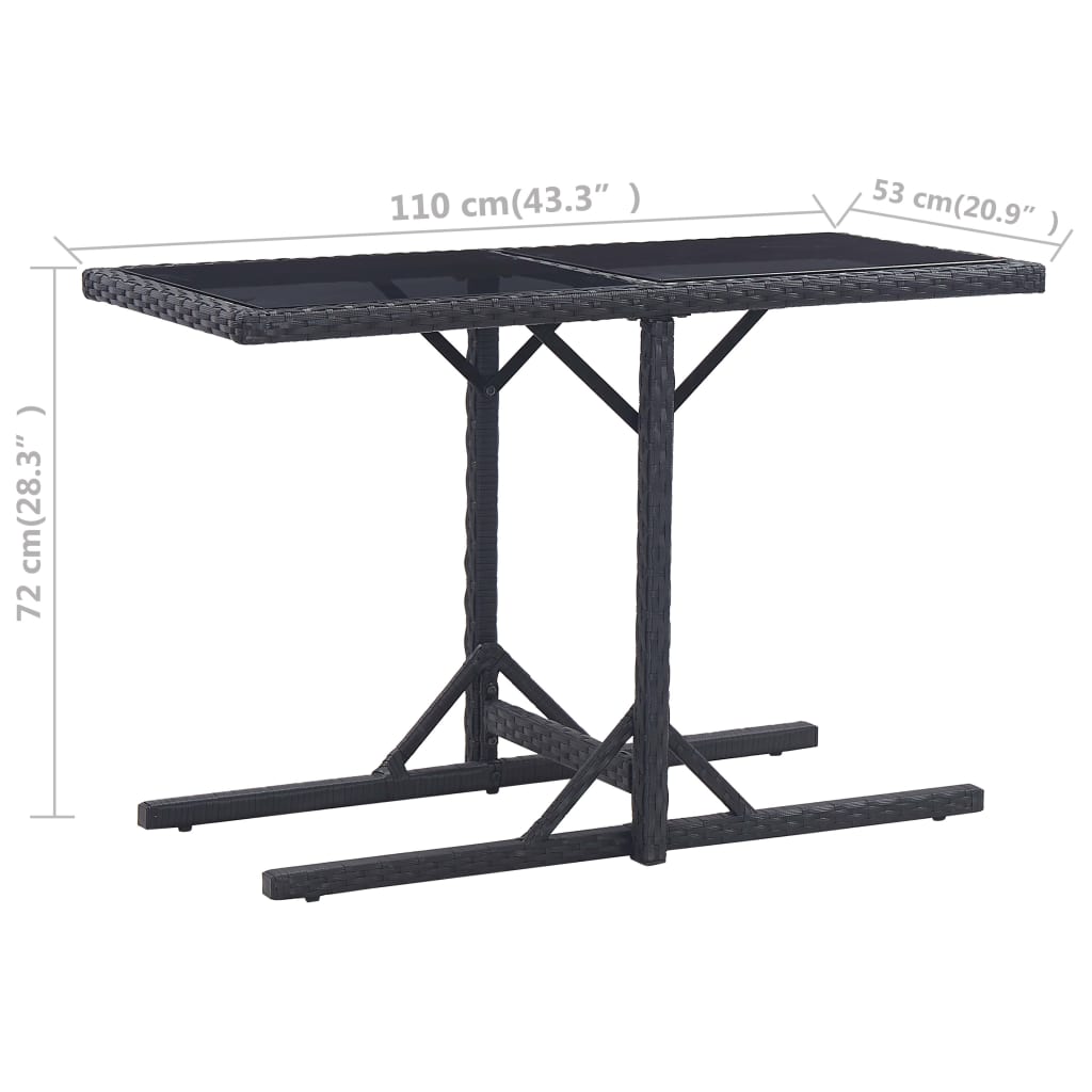 vidaXL Puutarhapöytä musta 110x53x72 cm lasi ja polyrottinki