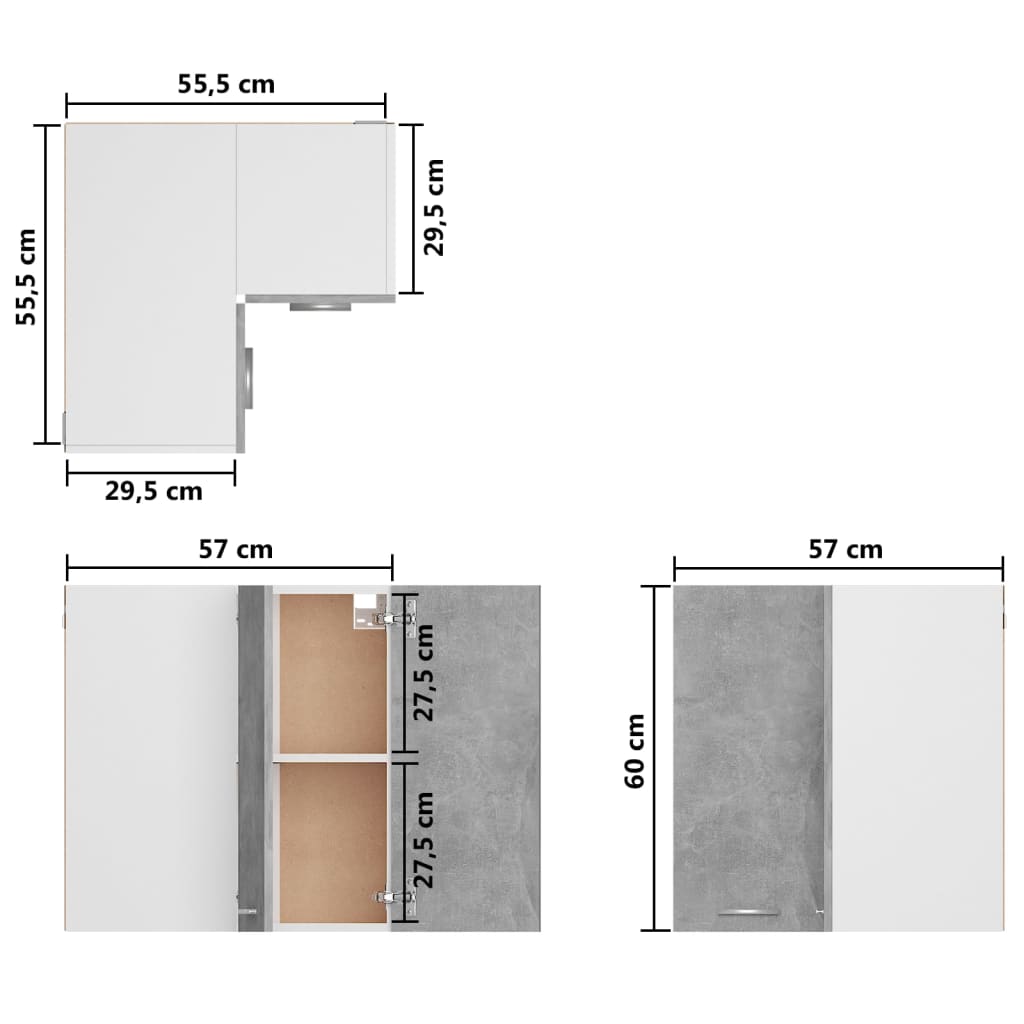 vidaXL Seinäkulmakaappi betoninharmaa 57x57x60 cm lastulevy