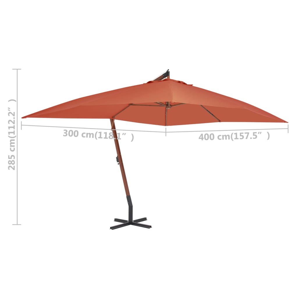vidaXL Riippuva aurinkovarjo puupylväällä 400x300 cm terrakotta
