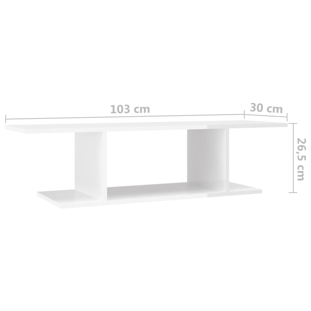 vidaXL Seinäkiinnitettävä TV-taso korkeakiillto valk. 103x30x26,5 cm