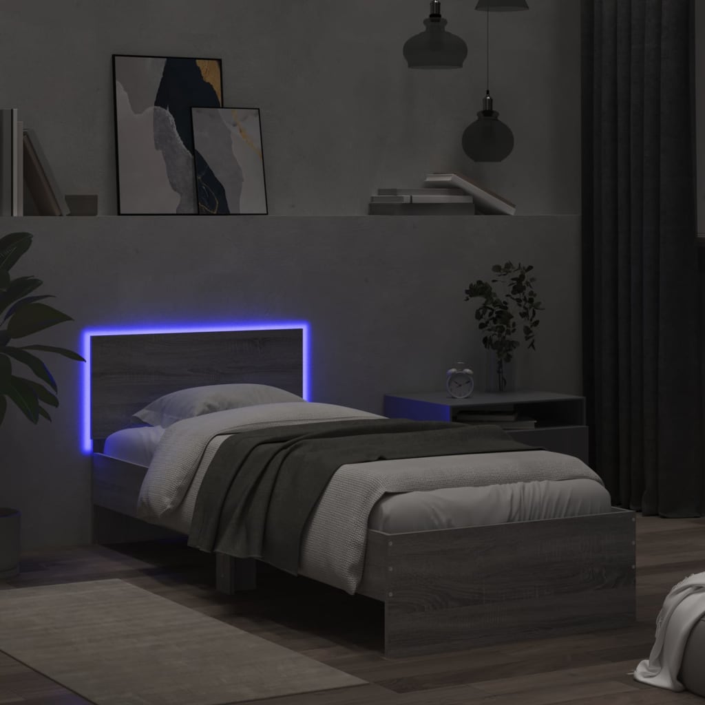 vidaXL Sängynrunko päädyllä ja LED-valoilla harmaa Sonoma 75x190 cm