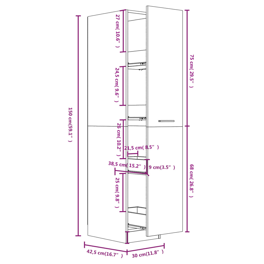 vidaXL Apteekkarinkaappi betoninharmaa 30x42,5x150 cm tekninen puu