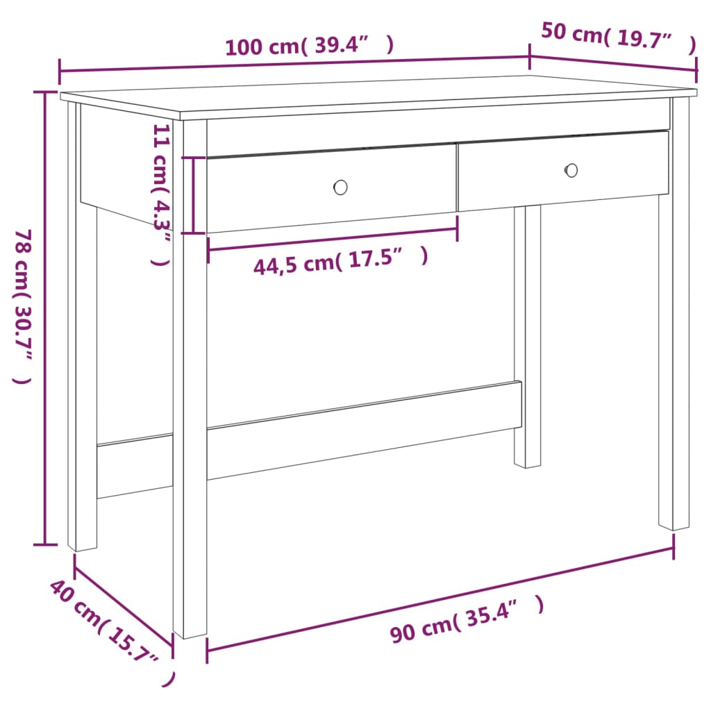 vidaXL Työpöytä laatikoilla 100x50x78 cm täysi mänty