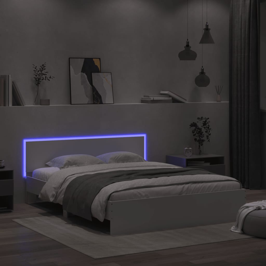 vidaXL Sängynrunko päädyllä ja LED-valoilla valkoinen 150x200 cm