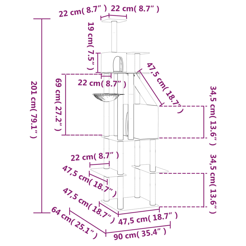 vidaXL Kissan kiipeilypuu sisal- raapimispylväillä tummanharmaa 201 cm