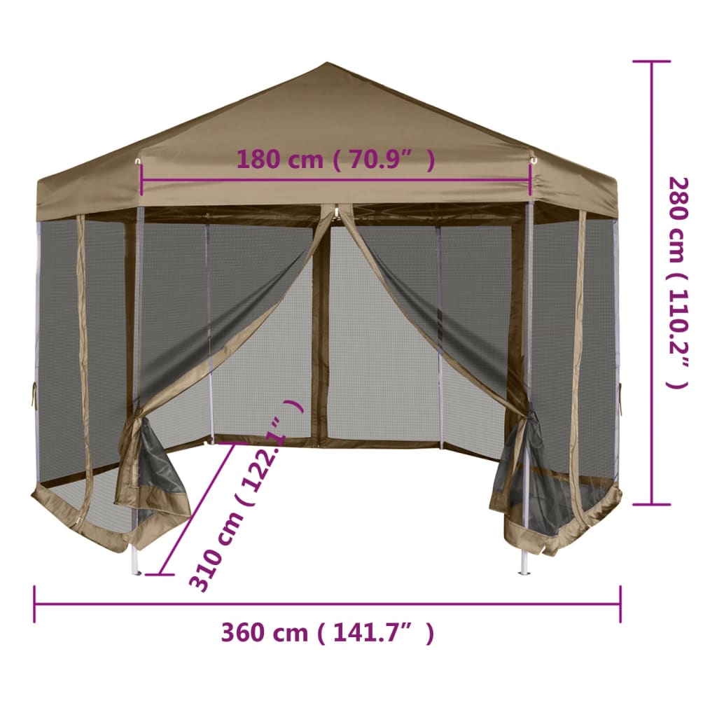 vidaXL Kuusikulmainen pop-up katos sivuseinillä 3,6x3,1m Taupe 220g/m²