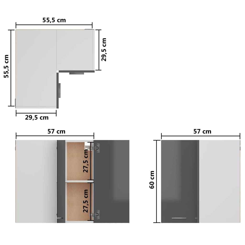 vidaXL Seinäkulmakaappi korkeakiilto harmaa 57x57x60 cm lastulevy