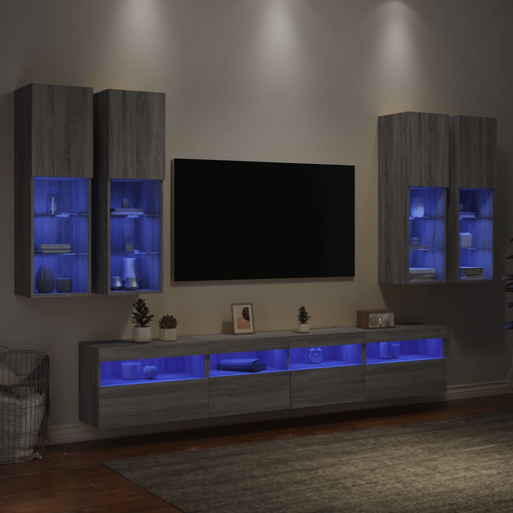 vidaXL 7-osainen TV-seinäkaappisarja LED-valoilla harmaa Sonoma