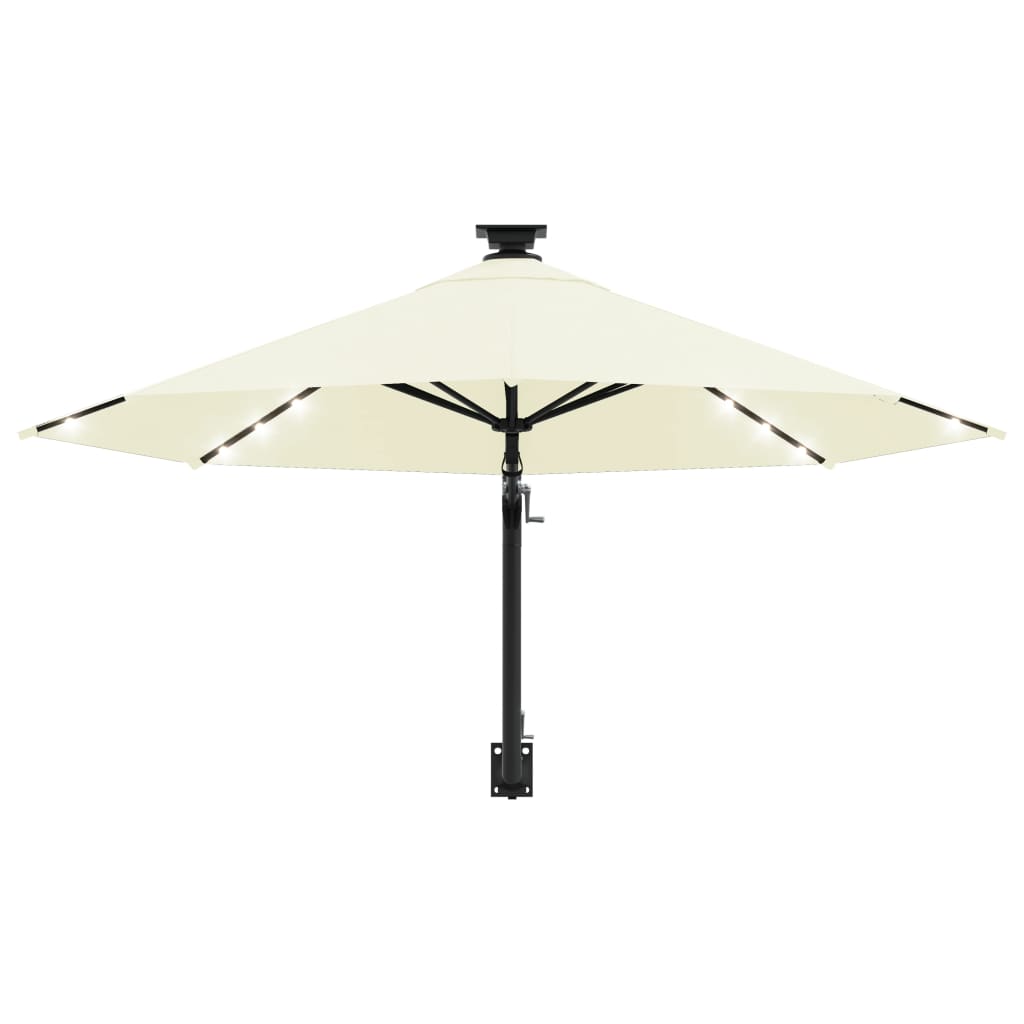 vidaXL Seinäkiinnitteinen aurinkovarjo LED ja tolppa 300 cm hiekka
