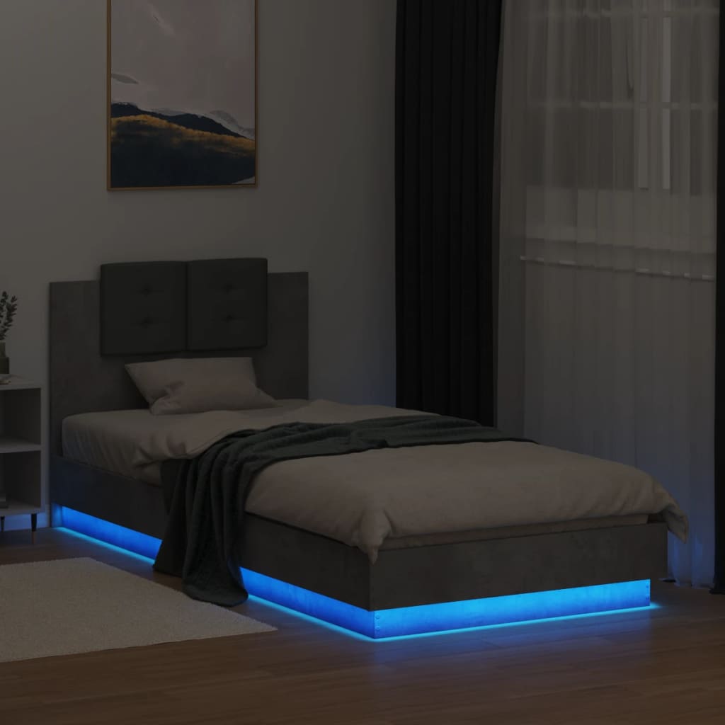 vidaXL Sängynrunko päädyllä ja LED-valoilla betoninharmaa 90x200 cm