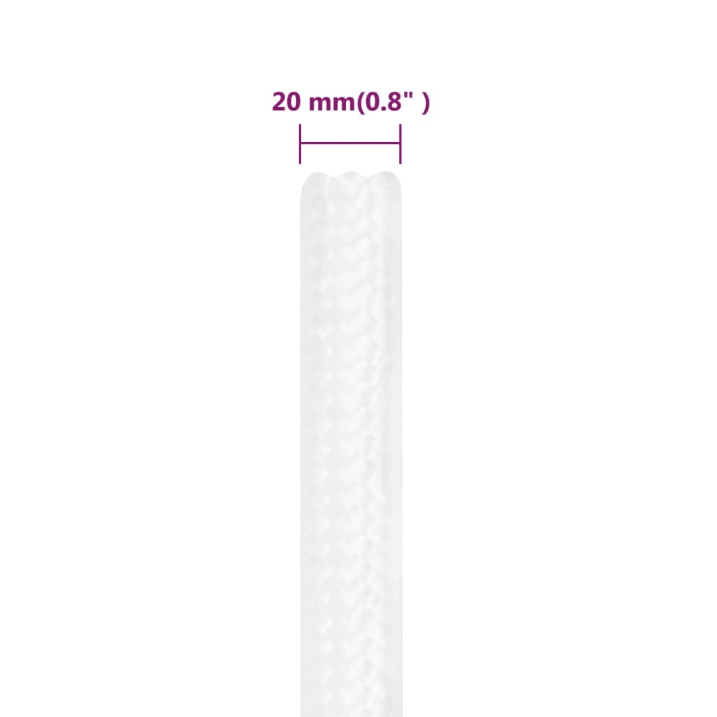 vidaXL Veneköysi täysvalkoinen 20 mm 100 m polypropeeni