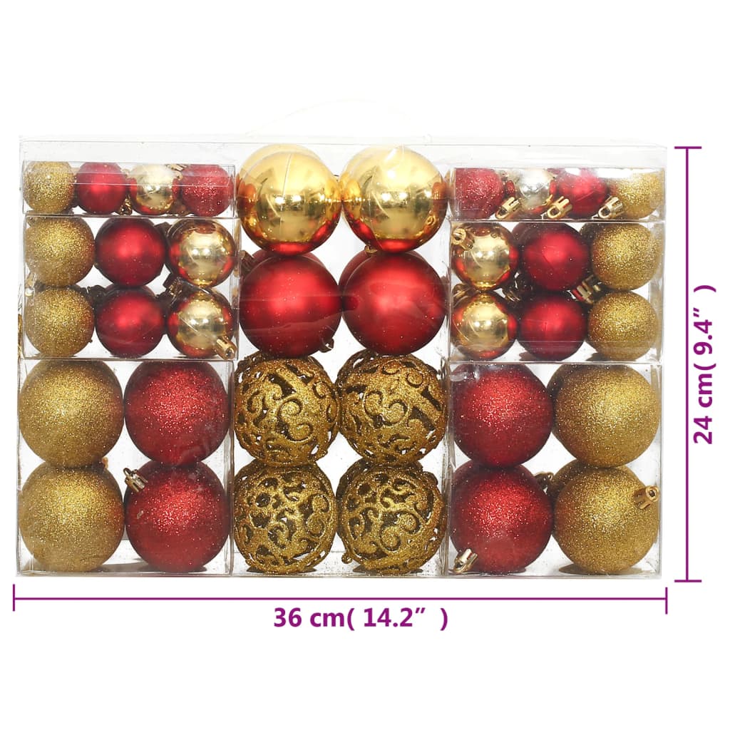 vidaXL Joulupallot 100 kpl kultainen ja viininpunainen 3/4/6 cm