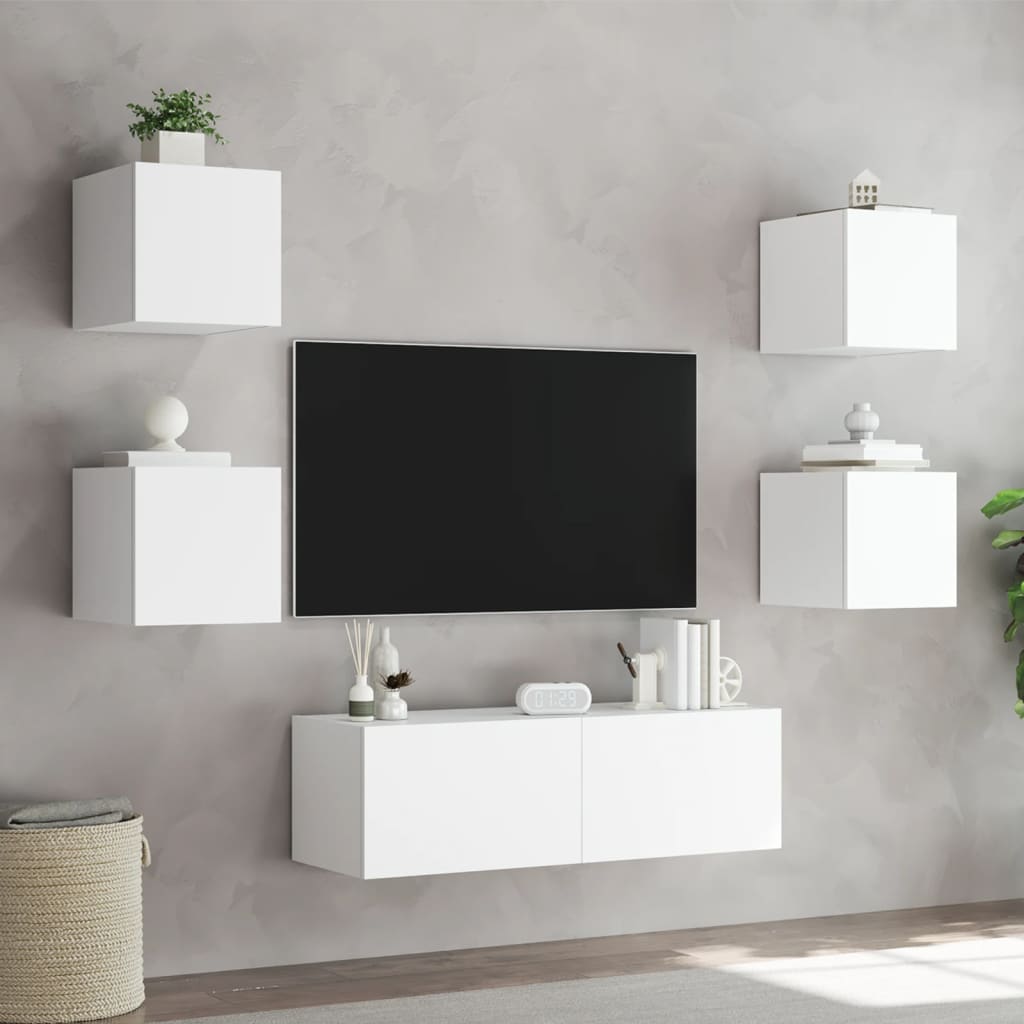 vidaXL 5-osainen TV-seinäkaappisarja LED-valoilla valkoinen