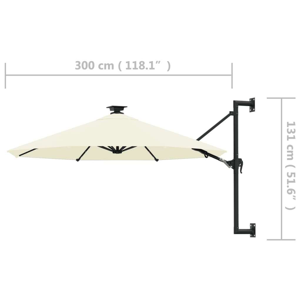 vidaXL Seinäkiinnitteinen aurinkovarjo LED ja tolppa 300 cm hiekka