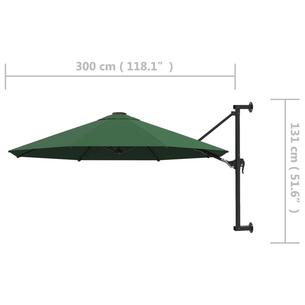 vidaXL Seinäkiinnitteinen aurinkovarjo metallitolpalla 300 cm vihreä