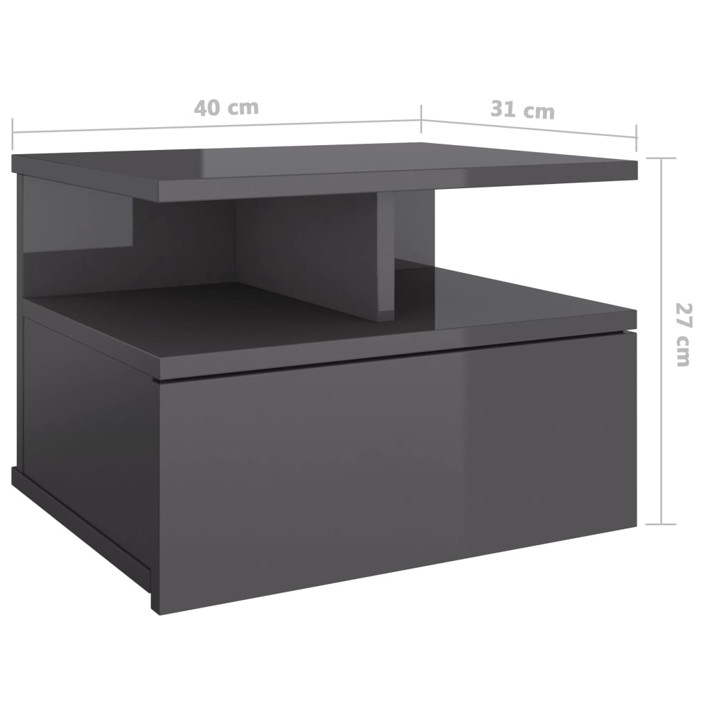vidaXL Kelluva yöpöytä korkeakiilto harmaa 40x31x27 cm lastulevy