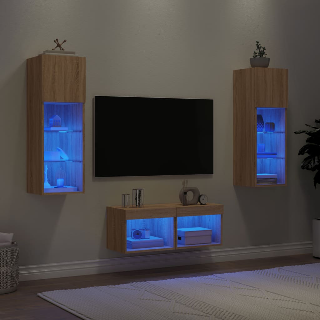 vidaXL 4-osainen TV-seinäkaappisarja LED-valoilla Sonoma-tammi