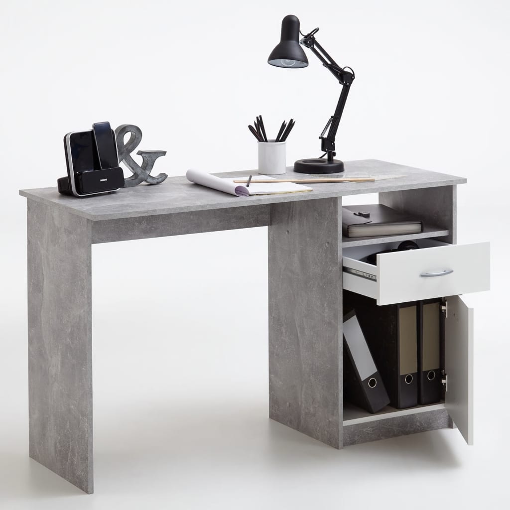 FMD Työpöytä vetolaatikolla 123x50x76,5 cm betoni ja valkoinen