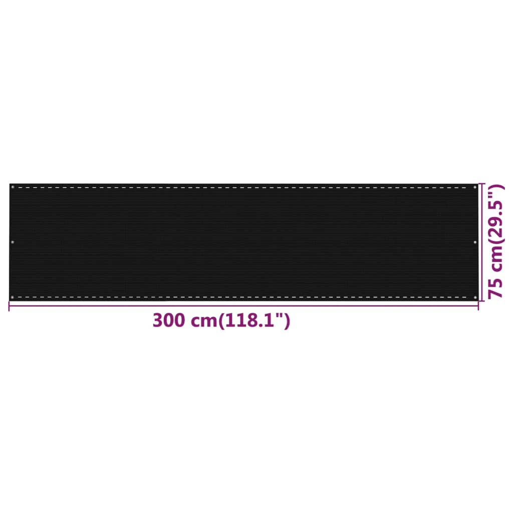 vidaXL Parvekkeen suoja musta 75x300 cm HDPE