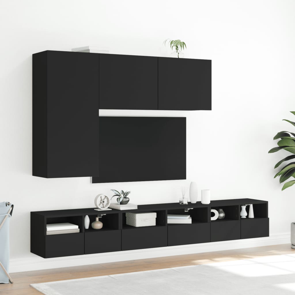 vidaXL 5-osainen TV-seinäkaappisarja musta tekninen puu