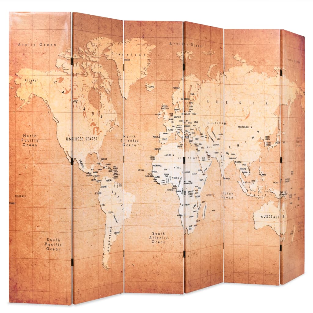 vidaXL Taitettava tilanjakaja 228x170 cm maailmankartta keltainen