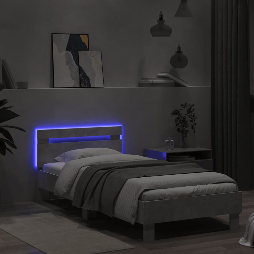 vidaXL Sängynrunko päädyllä ja LED-valoilla betoninharmaa 75x190 cm