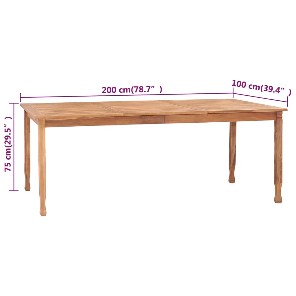 vidaXL Puutarhan ruokapöytä 200x100x75 cm täysi tiikki