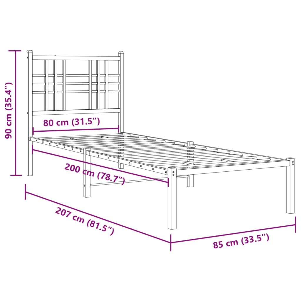 vidaXL Metallinen sängynrunko päädyllä valkoinen 80x200 cm