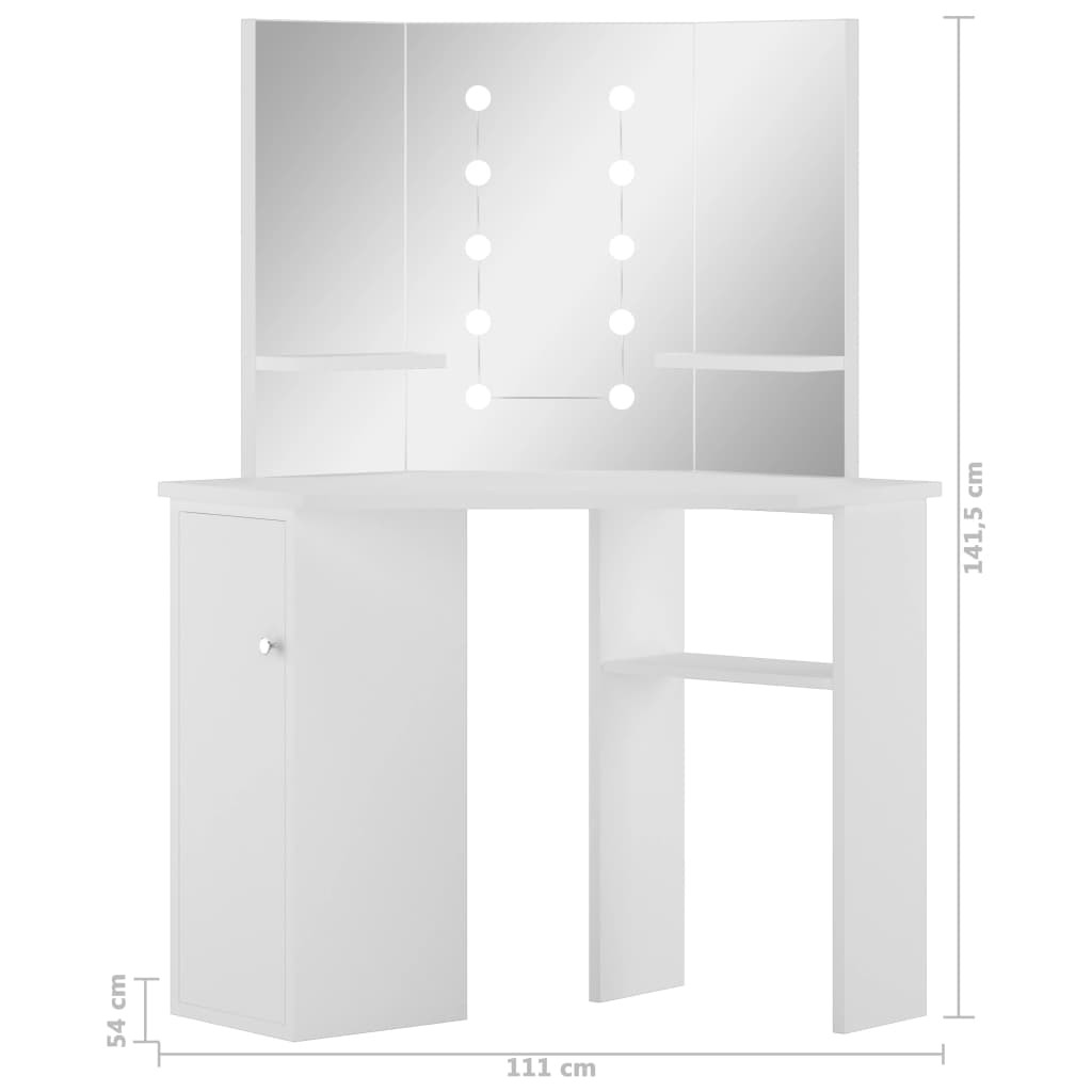 vidaXL Kulmameikkipöytä LED-valoilla valkoinen