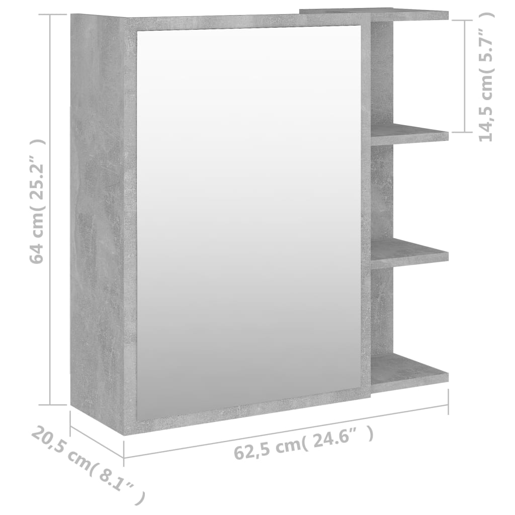 vidaXL Kylpyhuoneen peilikaappi betoninharmaa 62,5x20,5x64cm lastulevy