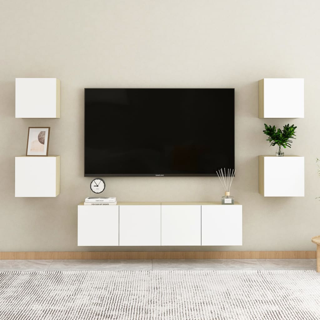 vidaXL Seinäkiinnitettävä TV-taso 4 kpl valkoinen/tammi 30,5x30x30 cm