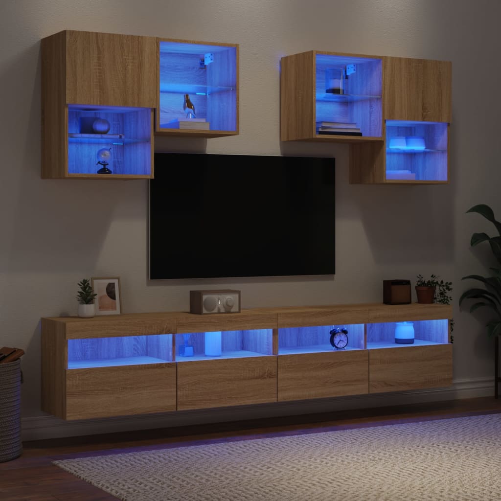 vidaXL 6-osainen TV-seinäkaappisarja LED-valoilla Sonoma-tammi