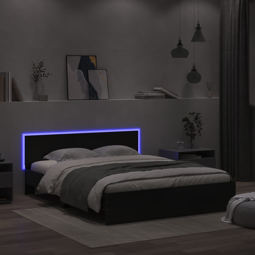 vidaXL Sängynrunko päädyllä ja LED-valoilla musta 150x200 cm