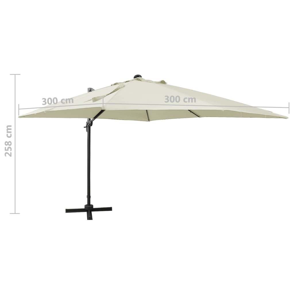 vidaXL Riippuva aurinkovarjo tangolla ja LED-valoilla hiekka 300 cm