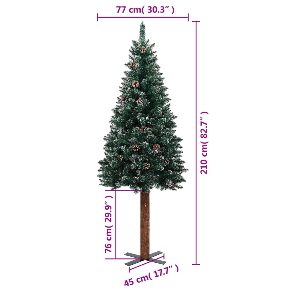 vidaXL Kapea joulukuusi aidolla puulla ja lumella vihreä 210 cm