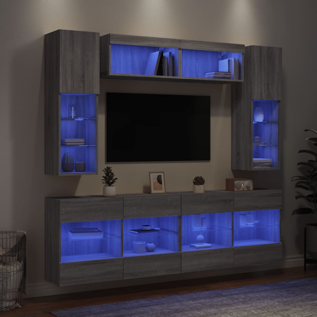 vidaXL 6-osainen TV-seinäkaappisarja LED-valoilla harmaa Sonoma