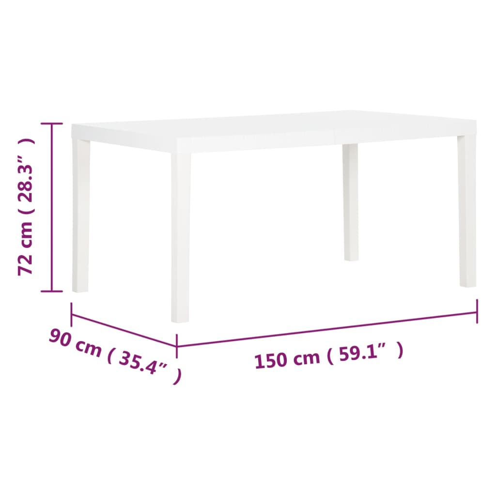vidaXL Puutarhapöytä 150x90x72 cm PP valkoinen