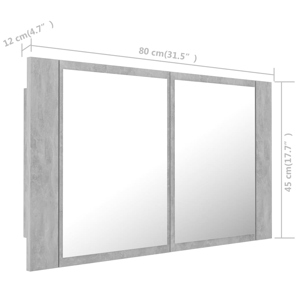 vidaXL Kylpyhuoneen LED peilikaappi betoninharmaa 80x12x45 cm akryyli