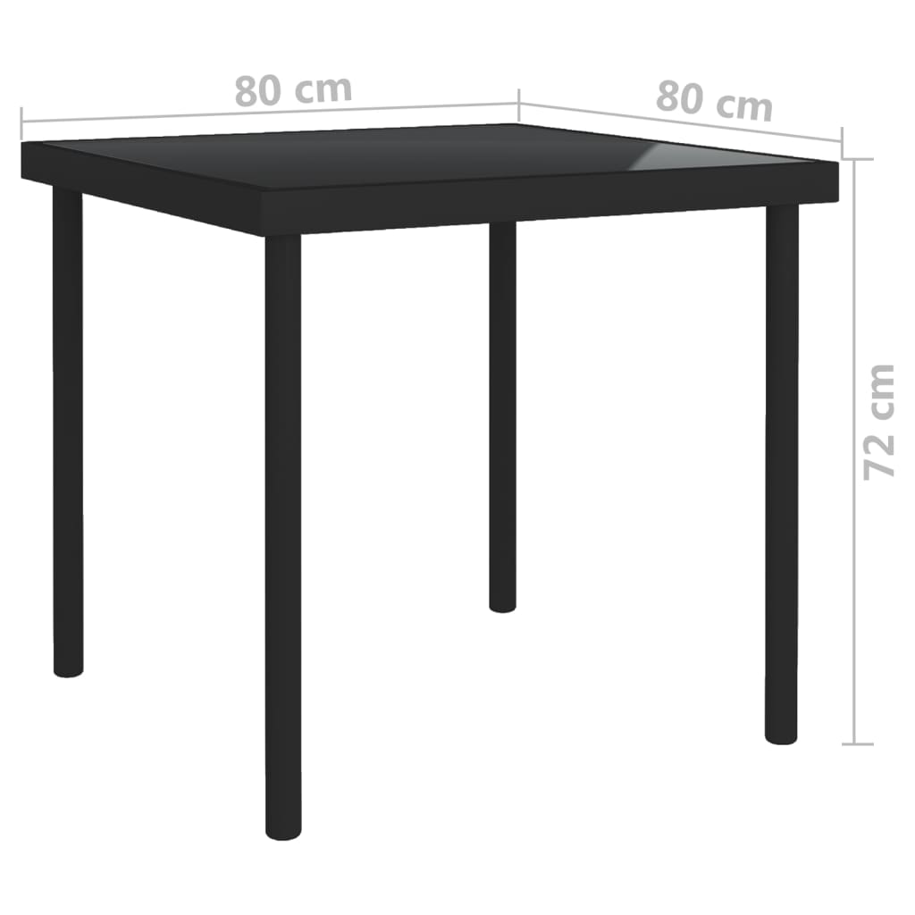vidaXL Ulkoruokapöytä musta 80x80x72 cm lasi ja teräs