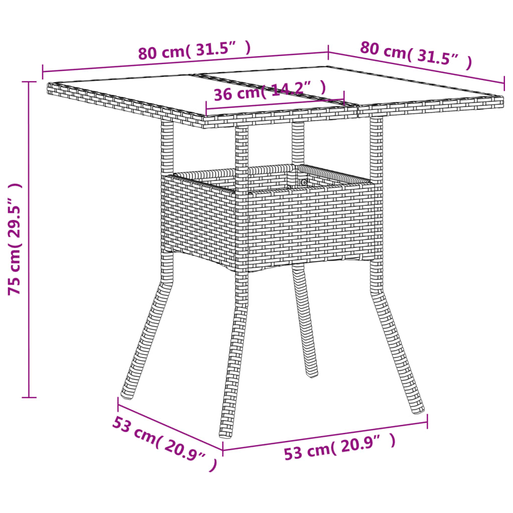 vidaXL Puutarhapöytä lasilevyllä valkoinen 80x80x75 cm polyrottinki