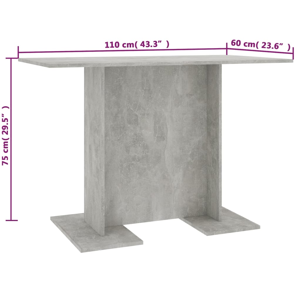 vidaXL Ruokapöytä betoninharmaa 110x60x75 cm lastulevy