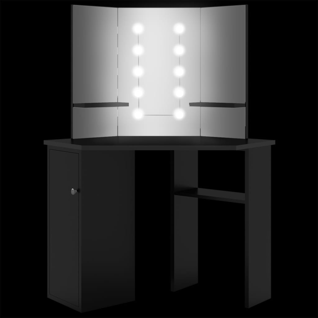 vidaXL Meikkipöytä kulmaan LED-valoilla musta 111x54x141,5 cm