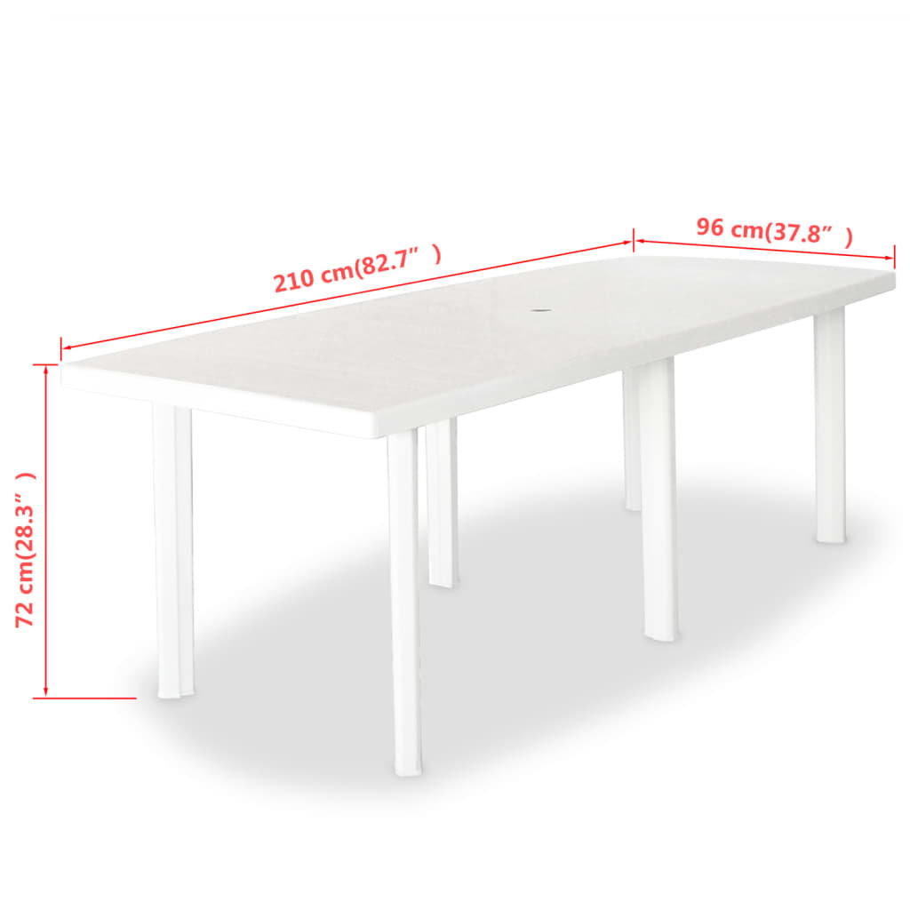 vidaXL Puutarhapöytä valkoinen 210x96x72 cm muovi