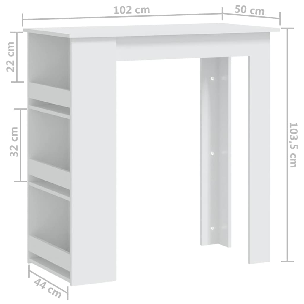 vidaXL Baaripöytä säilytystelineellä valk. 102x50x103,5 cm lastulevy