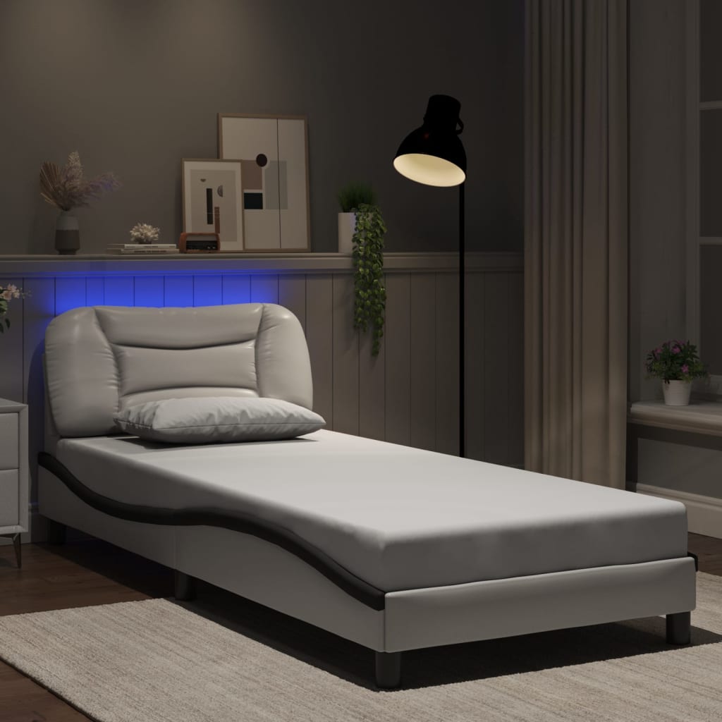 vidaXL Sängynrunko LED-valoilla valkoinen/musta 80x200 cm keinonahka