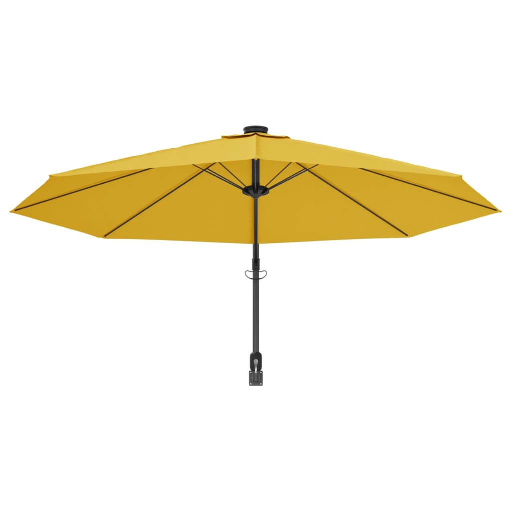 vidaXL Seinäkiinnitteinen aurinkovarjo LED-valoilla keltainen 290 cm
