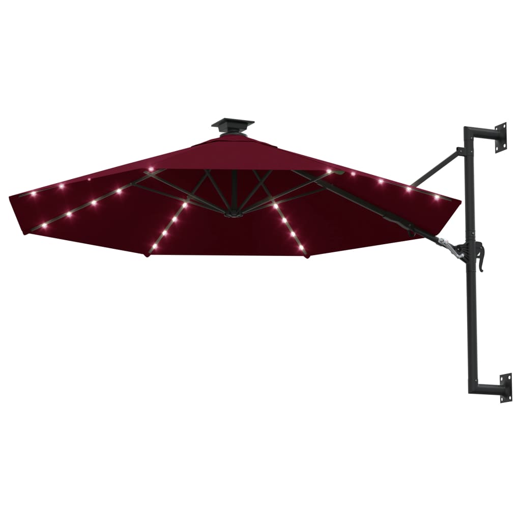 vidaXL Seinäkiinnitteinen aurinkovarjo LED ja tolppa 300 cm tummanpun.